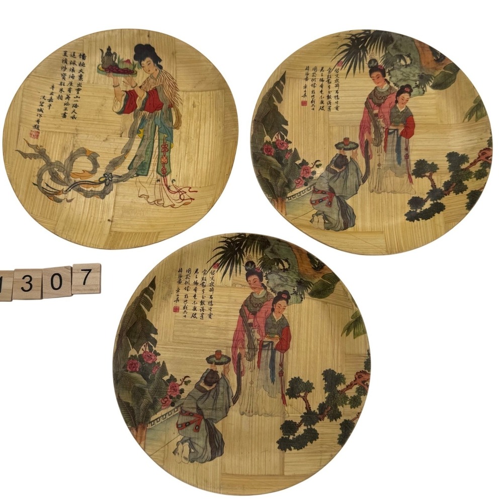Set of 3 Vintage Chinese Bamboo Plates Wall Decor‎ Yang-Kei Fie The Tipsy Dancer